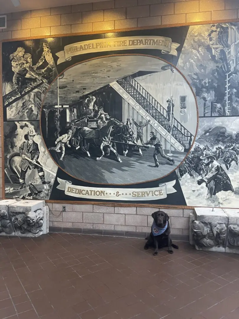 A dog sitting in front of a mural.